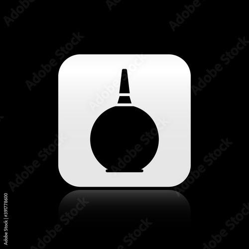 Black Enema icon isolated on black background. Enema with a plastic tip. Medical pear. Silver square button. Vector Illustration.