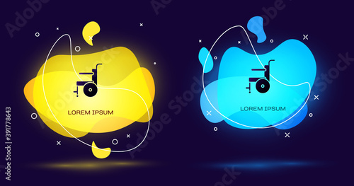 Black Wheelchair for disabled person icon isolated on black background. Abstract banner with liquid shapes. Vector Illustration.