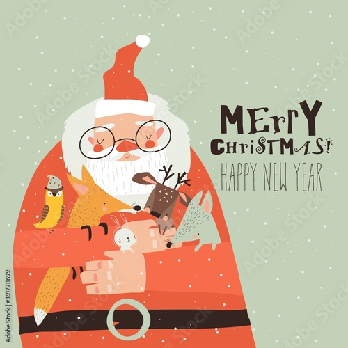 Cartoon Santa Claus hugging cute little animals