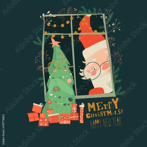 Cartoon Santa Claus look through the window