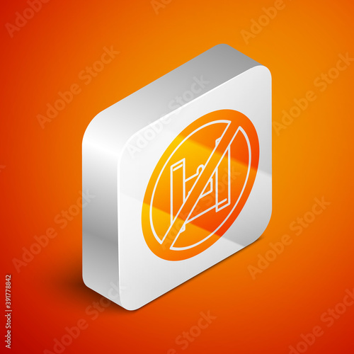 Isometric Say no to plastic bags poster icon isolated on orange background. Disposable cellophane and polythene package prohibition sign. Silver square button. Vector Illustration.