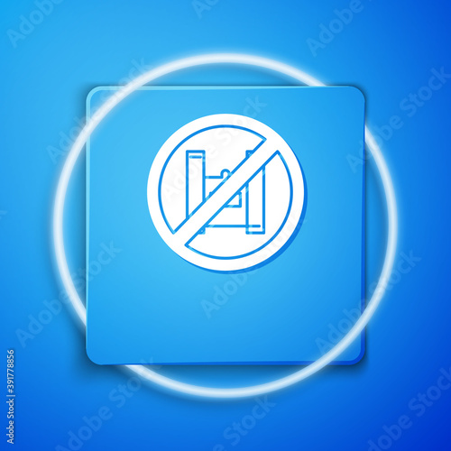 White Say no to plastic bags poster icon isolated on blue background. Disposable cellophane and polythene package prohibition sign. Blue square button. Vector Illustration.