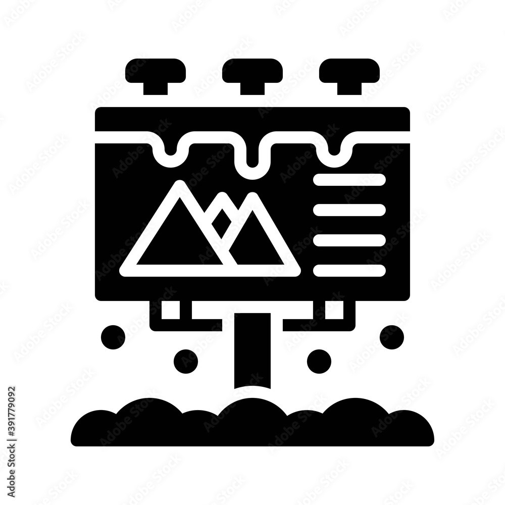 snow town in winter related billboard with stand, mountains and ice vectors in solid design,