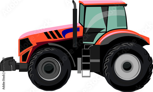 Orange tractor on white background, side view