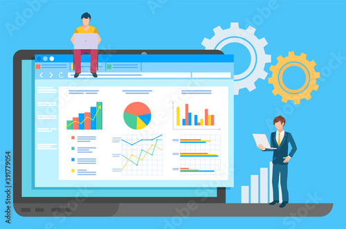 Business meeting or working process. Office workers standing and sitting near big screen with laptops. Business people male characters talking, communicating, discuss presentation graph and chart