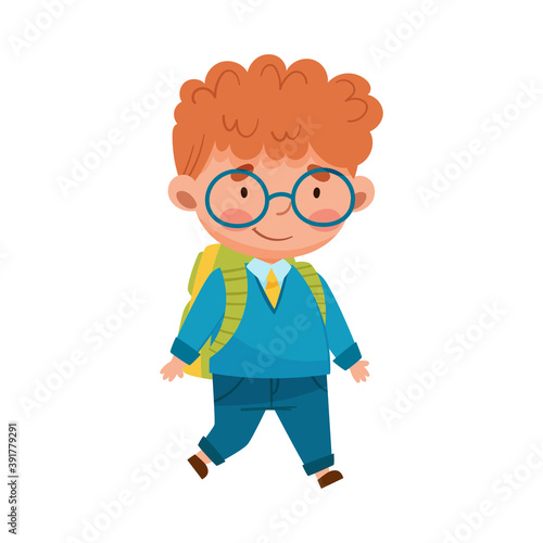 Boy Character Going to School with Backpack Vector Illustration