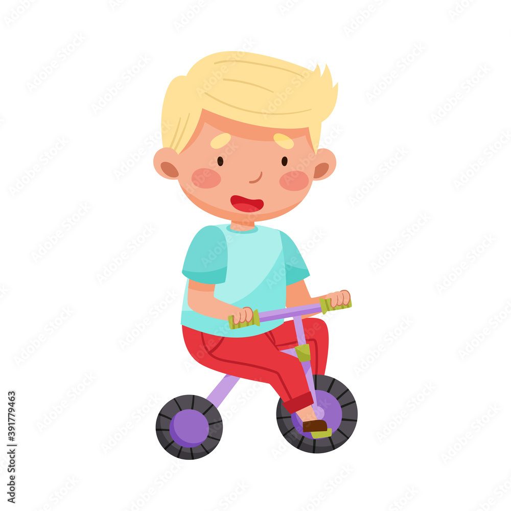 Little Boy with Blonde Hair Riding Bicycle Vector Illustration