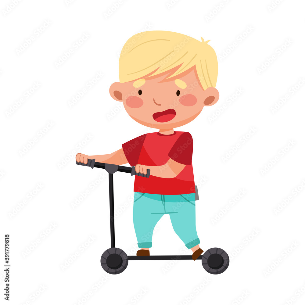 Little Boy with Blonde Hair Riding Scooter Vector Illustration Little Boy with Blonde Hair Riding Scooter Vector Illustration