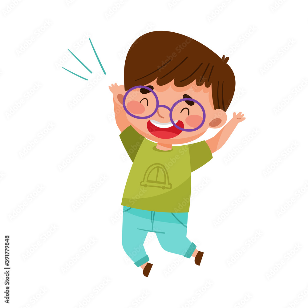 Happy Boy Character with Dark Hair Jumping High with Joy and Excitement Vector Illustration Happy Boy Character with Dark Hair Jumping High with Joy and Excitement Vector Illustration