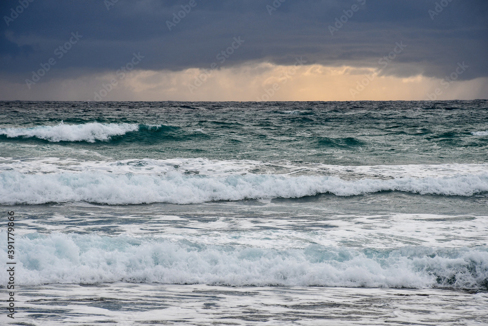 The rough waters of the Mediterranean Sea at the beach at Agia Napa, Cyprus, after a thunderstorm in winter