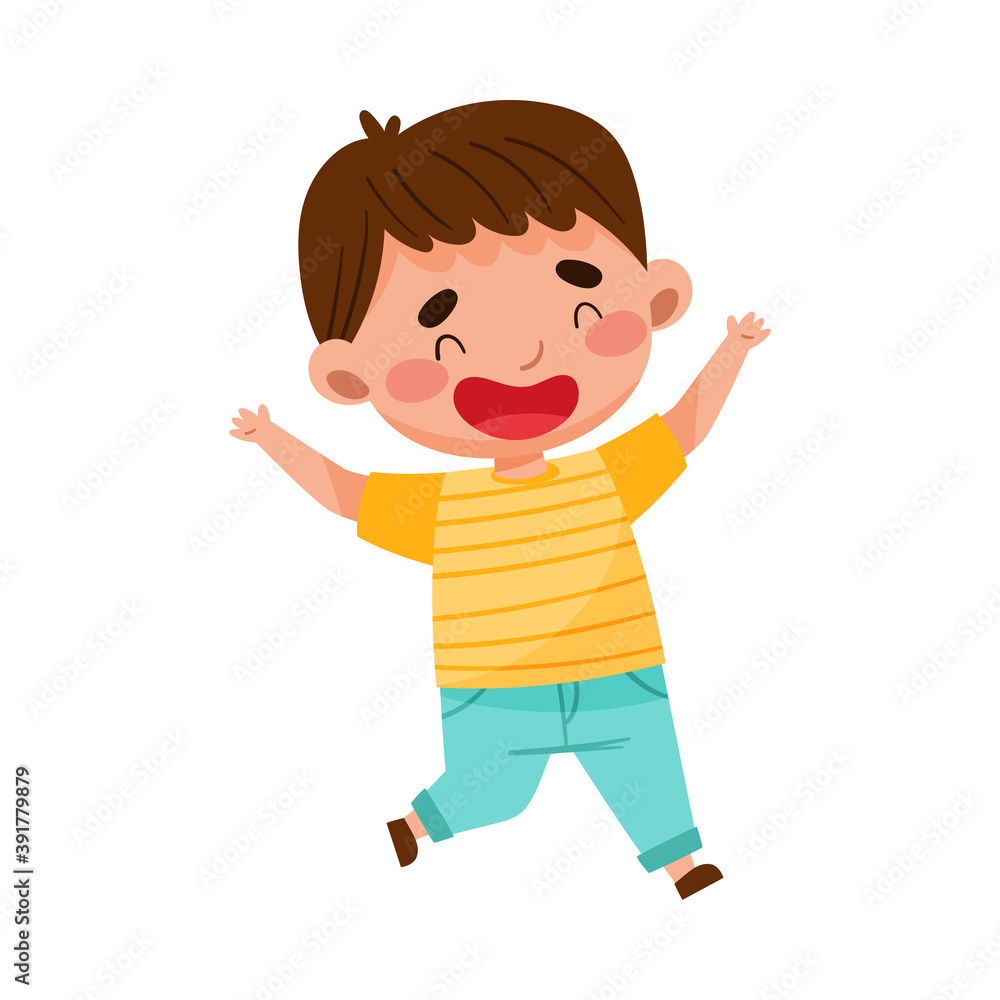 Happy Boy Character with Dark Hair Jumping High with Joy and Excitement Vector Illustration Happy Boy Character with Dark Hair Jumping High with Joy and Excitement Vector Illustration