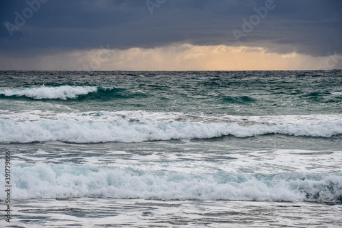 The rough waters of the Mediterranean Sea at the beach at Agia Napa, Cyprus, after a thunderstorm in winter