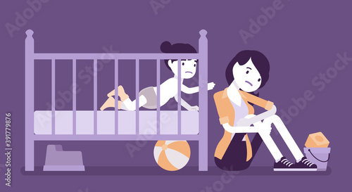 Postpartum depression, new mum in anxiety after childbirth. Young mother sitting near child crib, feeling sick, sad or fatigued, overwhelmed with daily tasks. Vector creative stylized illustration