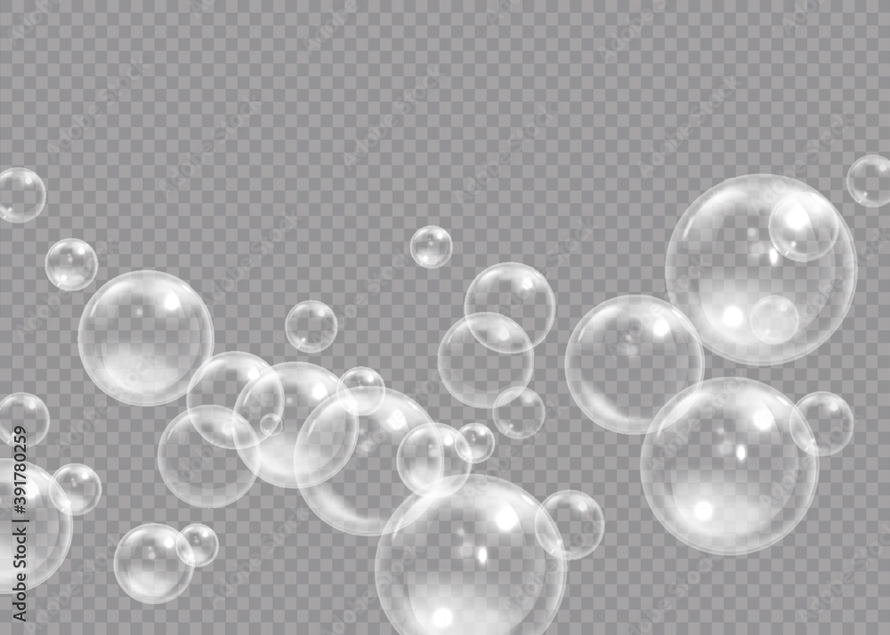 Air bubbles underwater on a transparent background. Soap bubbles - obrazy, fototapety, plakaty 