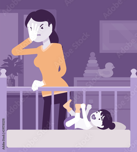 Postpartum depression, mum feeling sad, fatigued, baby blues symptoms. Young tired mother having mood swings standing at baby crib of not sleeping kid. Vector creative stylized illustration