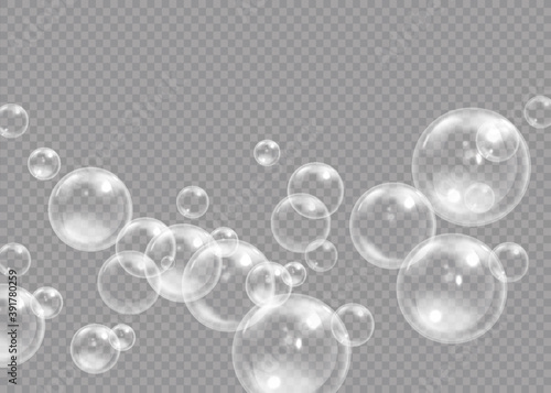 Air bubbles underwater on a transparent background. Soap bubbles