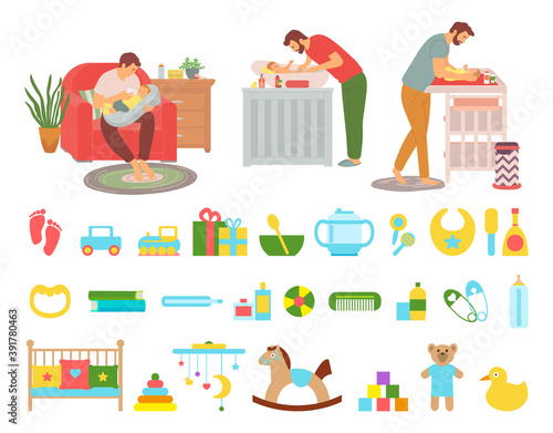 Dad changing diapers vector, man caring for kid washing with shampoo and lotions, parenting daddy feeding child with bottle, bowl and spoon bib and horse, concept for Father day