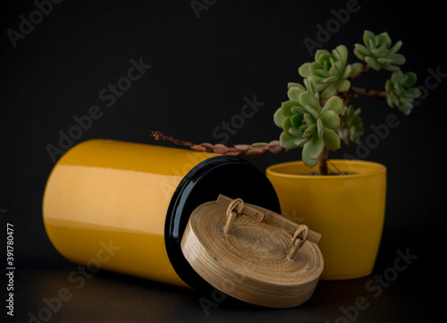 Wallpaper Mural Composición frasco y maceta amarilla sobre fondo negro Torontodigital.ca