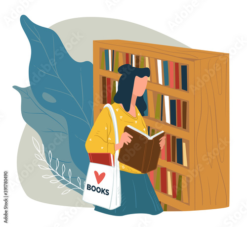 Female character choosing book to read in store