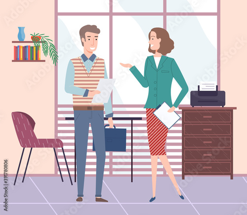 Business meeting or working process. Men standing in office workspace communicating, holding a document talking to woman. Project management and teamwork concept. Businesswoman tells about contract