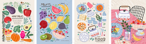 Food, vegetables and fruits. Vector illustrations: dishes, kiwi, broccoli, pumpkin, eggplant, avocado, pear, tomato, teapot, still life on the table, etc. Drawings for poster, card or background
