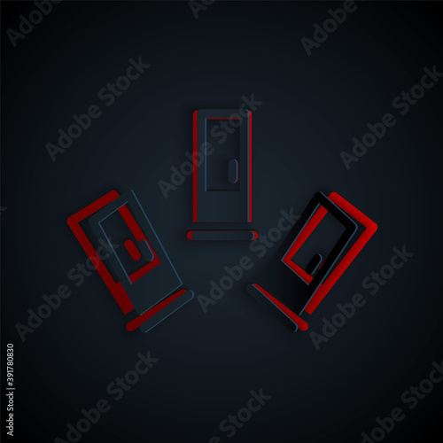 Paper cut Cartridges icon isolated on black background. Shotgun hunting firearms cartridge. Hunt rifle bullet icon. Paper art style. Vector.