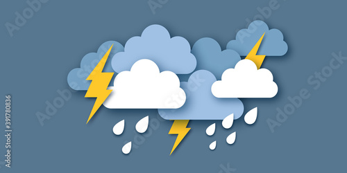 Rain Clouds and Lightening Bolt. Paper cut weather. Storm time. Rain drops and thunder.