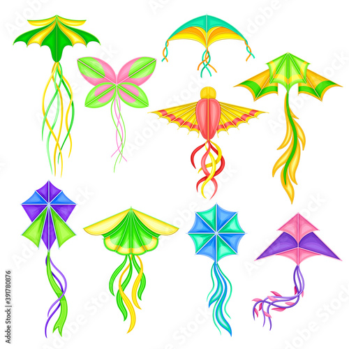 Colorful Kite as Tethered Craft with Wing Surfaces and Tail Vector Set