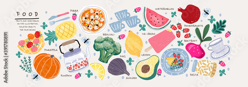 Food. Vector illustration: pumpkin, rosemary, apple, basket, teapot, pineapple, broccoli, lemon, avocado, plate, watermelon, beet, strawberry, pomegranate, beetroot, cup, pasta
