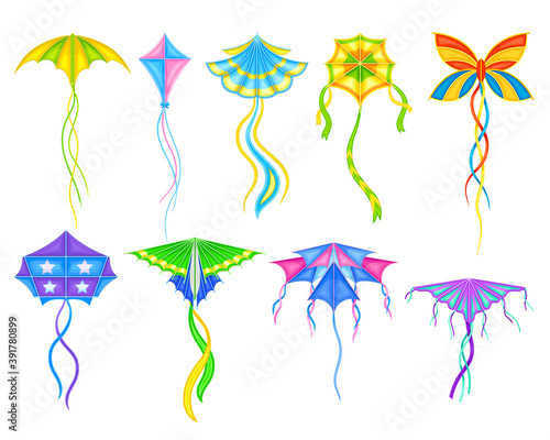 Colorful Kite as Tethered Craft with Wing Surfaces and Tail Vector Set