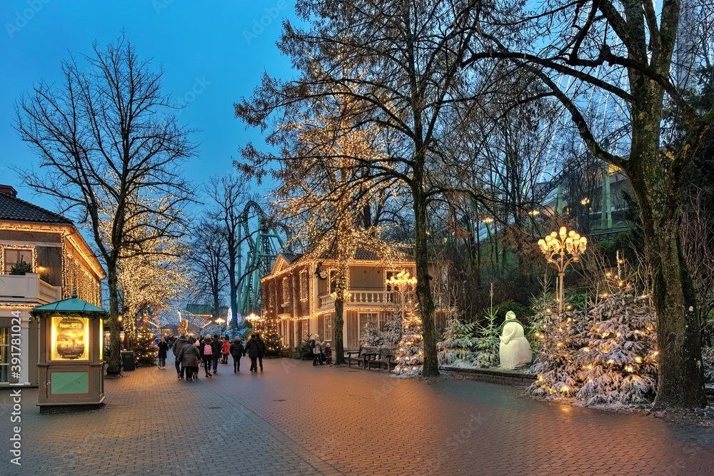 Liseberg amusement park with Christmas decoration in Gothenburg, Sweden