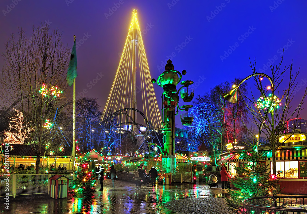 Liseberg amusement park with Christmas illumination in Gothenburg, Sweden