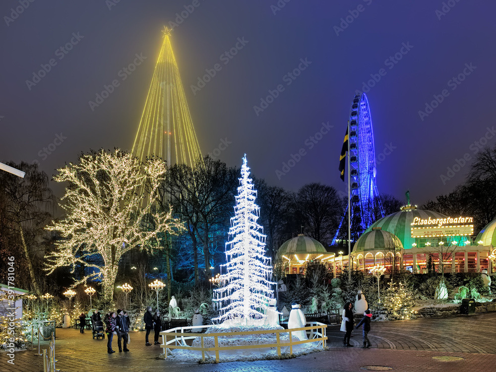 Liseberg amusement park with Christmas decoration in Gothenburg, Sweden