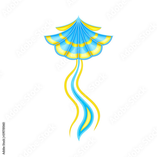Shaped Yellow and Blue Kite as Tethered Craft with Wing Surface and Tail Vector Illustration