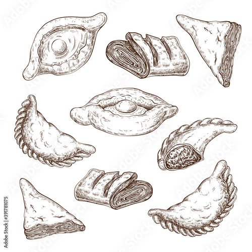 drawn puff pastries sketch set isolated. baking, pastries with cheese or meat stuffing. turnovers, khachapuri, burekas, empfans, egg boat pie, triangle buns. vintage style. traditional fried pastry.