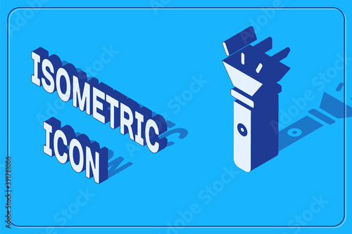 Isometric Flashlight icon isolated on blue background. Vector.