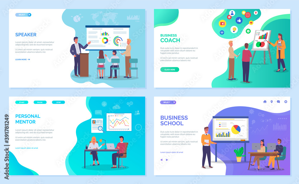Business training staff, concept. Personal mentor and speaker landing page template. Corporate school, seminar. Flat style vector. Conference employee. Training conference planning business decisions