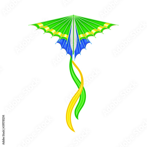 Shaped Yellow and Green Kite as Tethered Craft with Wing Surface and Tail Vector Illustration