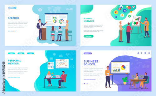 Business training staff, concept. Personal mentor and speaker landing page template. Corporate school, seminar. Flat style vector. Conference employee. Training conference planning business decisions