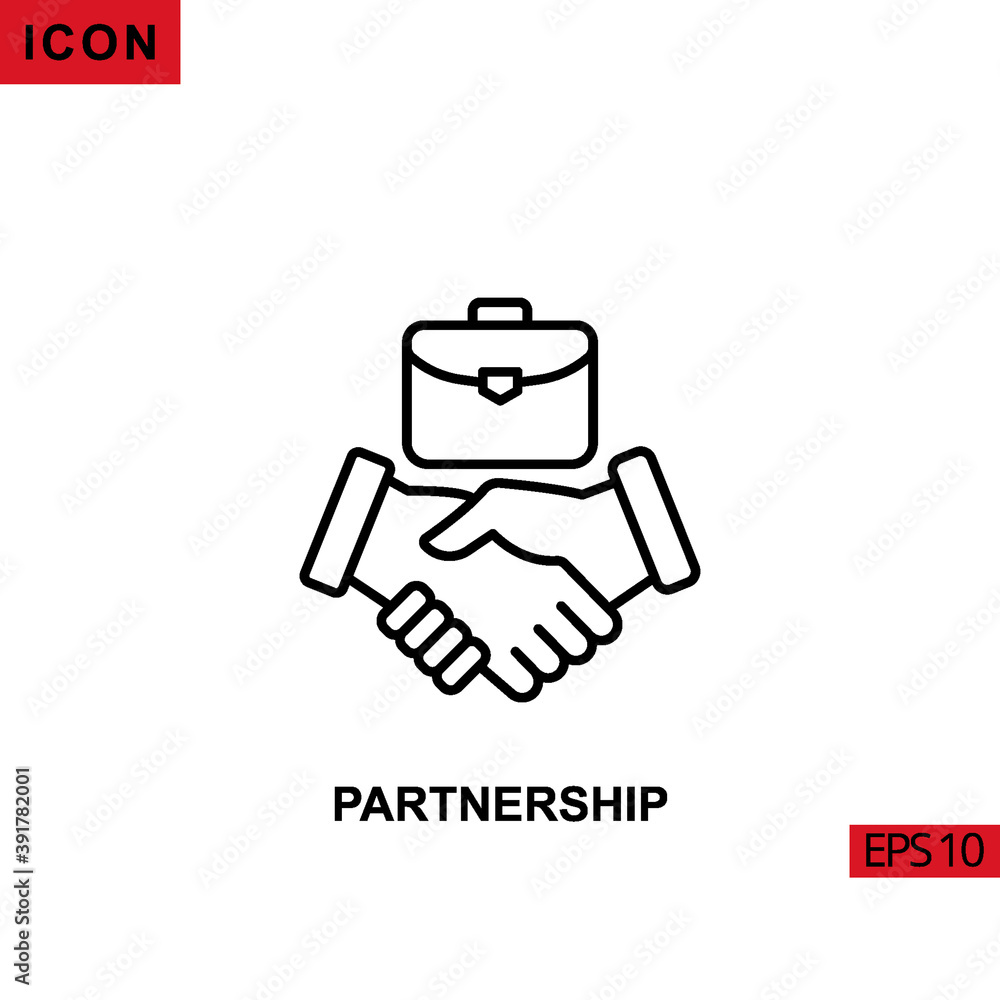 Icon partnership with hand and briefcase. Outline, line or linear vector icon symbol sign collection