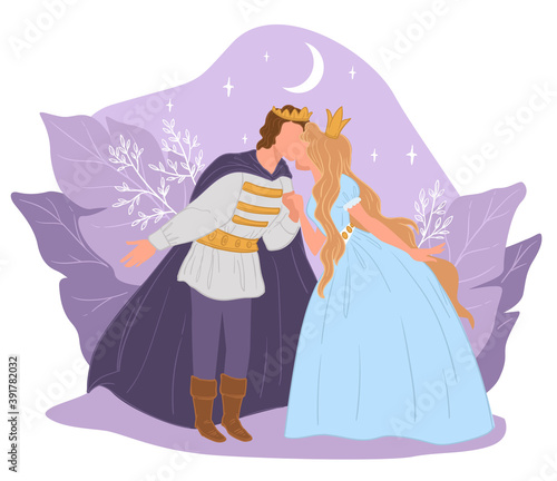 Prince and princess kissing at night, fairy tale