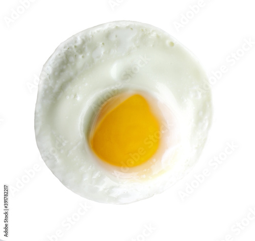 Single egg, sunny side up, round circle, isolated on white, perfect yolk nearly centered.
