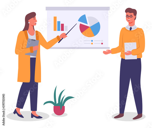 Woman points to stand with pie, bar charts, man with glasses and folder in her hands. Pot plant. Employees, colleagues or office staff. Communicate and work. Flat vector image isolated on white