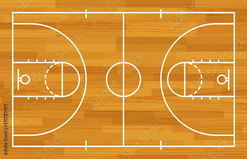 Basketball fireld with markings and wood texture. Vector
