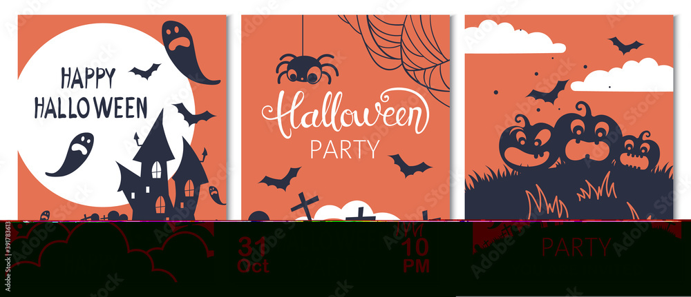 Set of halloween cards with carved pumpkins, spiders and bats. Party invitation