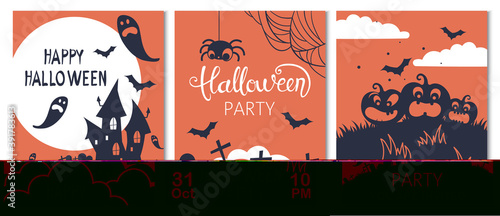 Set of halloween cards with carved pumpkins, spiders and bats. Party invitation
