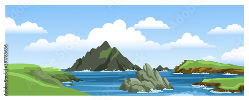 Sea landscape with mountains, rocks, cliffs, stones and blue sky with clouds. Colorful panoramic scenery. Vector illustration.