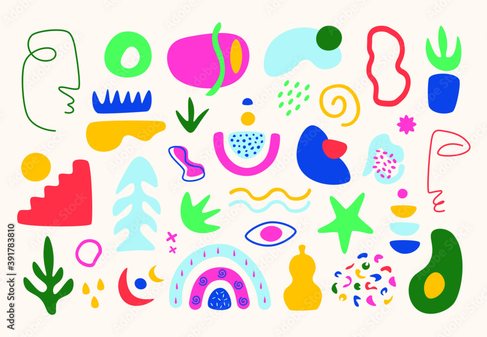 Modern hand drawn various colorful organic shapes and doodle objects. Set of abstract objects for textile prints. Contemporary trendy vector illustration