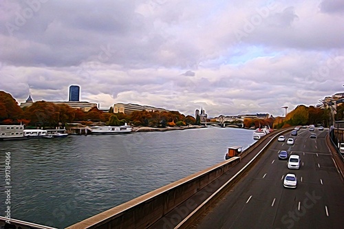 Digital painting style representing a glimpse of the Seine that crosses the center of Paris