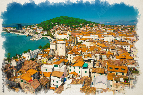Watercolor drawing of Marine waterfront, old buildings with orange roofs and Marjan hill aerial view from venetian Saint Domnius bell tower, Split, Dalmatia, Croatia